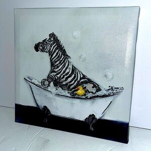 NWT Zebra in bathtub art print canvas wall art print silvr metallic blck white